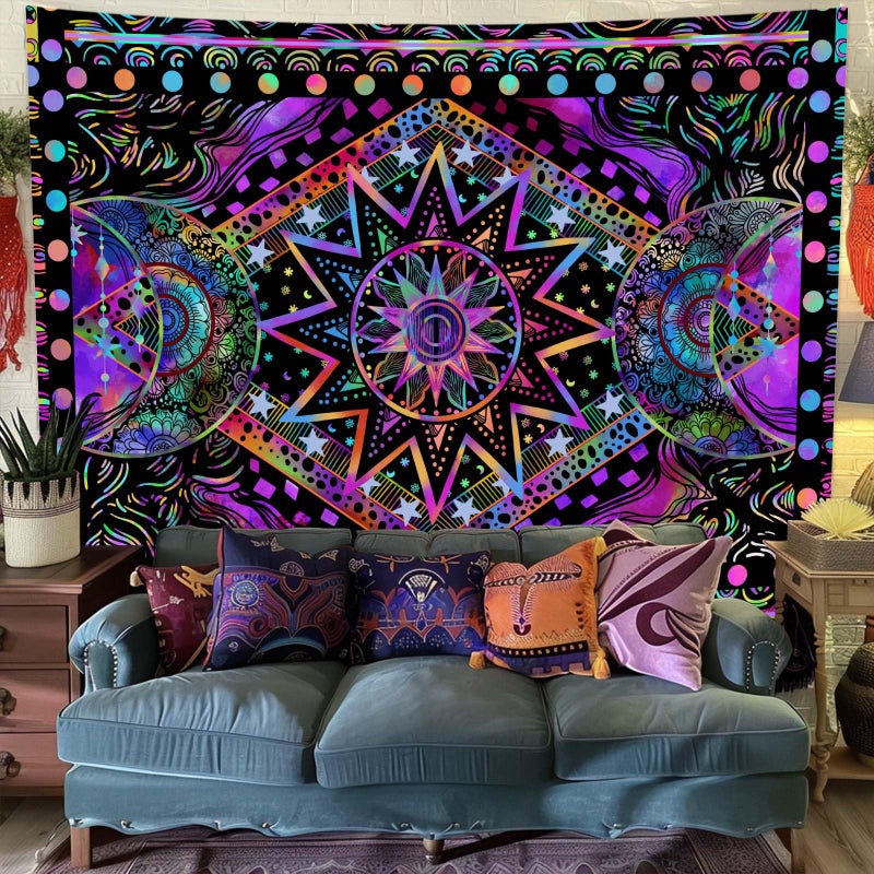 Fowocu Blacklight Sun and Moon Tapestry Glow in The Dark Neon Hippie Bohemian Tapestries for Bedroom Aesthetic UV Reactive Purple Celestial Tie Dye Tapestry Wall Hanging for Living Room Dorm (40'' Ã— 30'') - Image 5