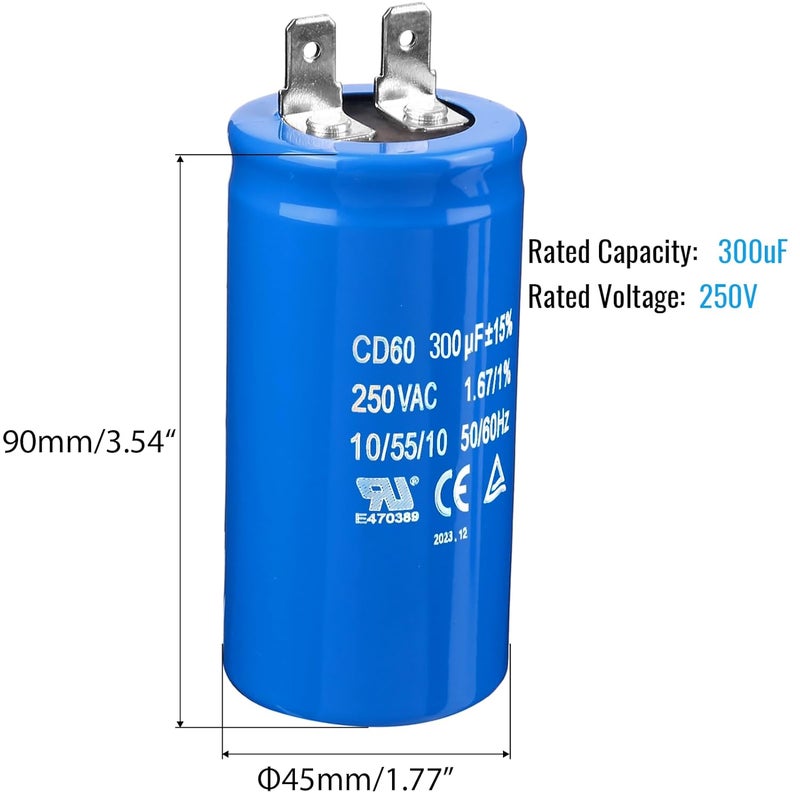 مكثف بدء تشغيل المحرك CD60 بسعة 300 ميكروفاراد (uF)، جهد 250 فولت تيار متردد (VAC)، تردد 50/60 هرتز، مخصص لبدء تشغيل المحركات الكهربائية. - Image 2