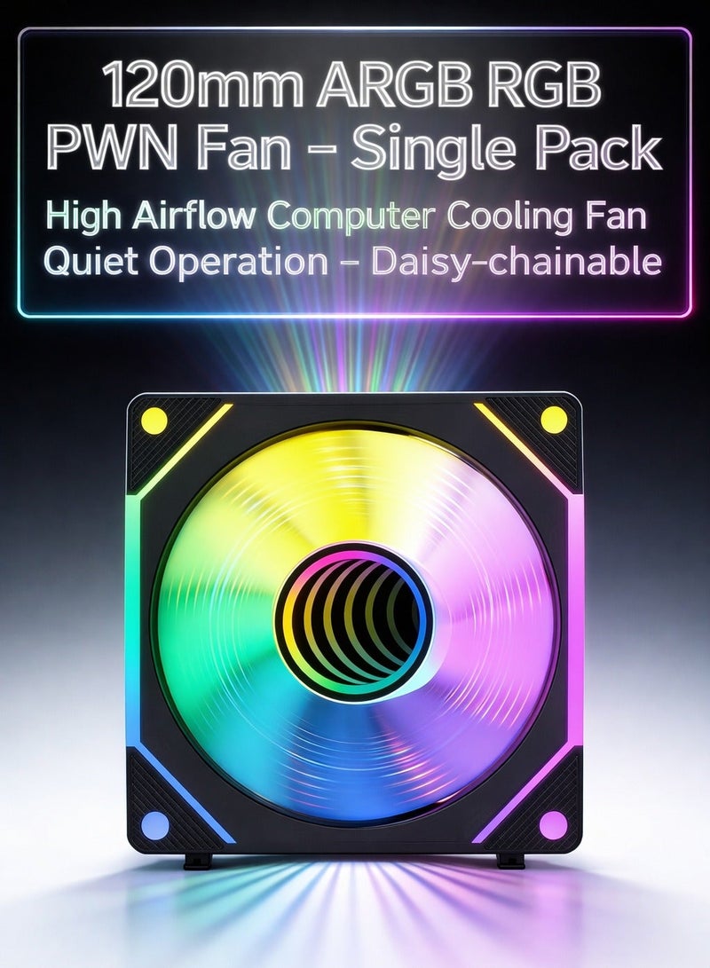 باور مروحة تبريد كمبيوتر مقاس 120 مم بتقنية ARGB RGB PWM (عبوة واحدة) - مروحة هادئة وعالية تدفق الهواء، تدعم توصيل تأثيرات الإضاءة المتسلسلة، مناسبة لأجهزة الكمبيوتر المخصصة للألعاب وأجهزة الكمبيوتر المكتبية. - Image 1