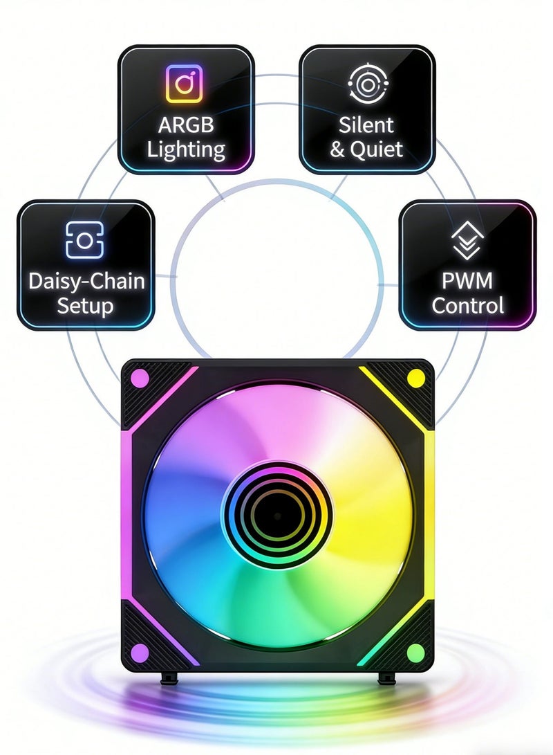باور مروحة تبريد كمبيوتر مقاس 120 مم بتقنية ARGB RGB PWM (عبوة واحدة) - مروحة هادئة وعالية تدفق الهواء، تدعم توصيل تأثيرات الإضاءة المتسلسلة، مناسبة لأجهزة الكمبيوتر المخصصة للألعاب وأجهزة الكمبيوتر المكتبية. - Image 2