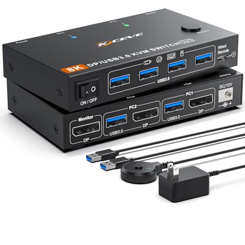 KCEVE KVM Switch 2 Computer 1 Monitor Displayport 4K@240Hz 8K@60Hz, USB 3.0 KVM Switch Displayport 2.1 for 2 PC Share 4 USB Devices Keyboard Mouse,Wired Remote(8K DP 2 in 1 Out KVM) - Image 1
