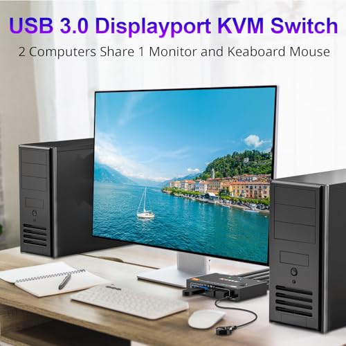 KCEVE KVM Switch 2 Computer 1 Monitor Displayport 4K@240Hz 8K@60Hz, USB 3.0 KVM Switch Displayport 2.1 for 2 PC Share 4 USB Devices Keyboard Mouse,Wired Remote(8K DP 2 in 1 Out KVM) - Image 2
