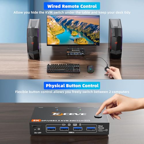 KCEVE KVM Switch 2 Computer 1 Monitor Displayport 4K@240Hz 8K@60Hz, USB 3.0 KVM Switch Displayport 2.1 for 2 PC Share 4 USB Devices Keyboard Mouse,Wired Remote(8K DP 2 in 1 Out KVM) - Image 5
