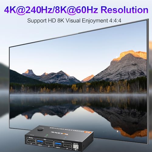 KCEVE KVM Switch 2 Computer 1 Monitor Displayport 4K@240Hz 8K@60Hz, USB 3.0 KVM Switch Displayport 2.1 for 2 PC Share 4 USB Devices Keyboard Mouse,Wired Remote(8K DP 2 in 1 Out KVM) - Image 4