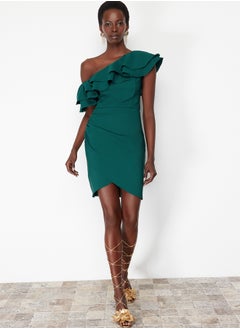 trendyol Emerald Green Single Sleeve Ruffled Woven Short Elegant Evening Dress TPRSS24EL00013  - Image 1