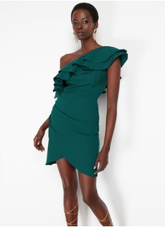 trendyol Emerald Green Single Sleeve Ruffled Woven Short Elegant Evening Dress TPRSS24EL00013  - Image 3