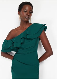 trendyol Emerald Green Single Sleeve Ruffled Woven Short Elegant Evening Dress TPRSS24EL00013  - Image 2