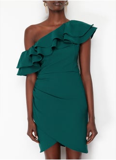 trendyol Emerald Green Single Sleeve Ruffled Woven Short Elegant Evening Dress TPRSS24EL00013  - Image 4