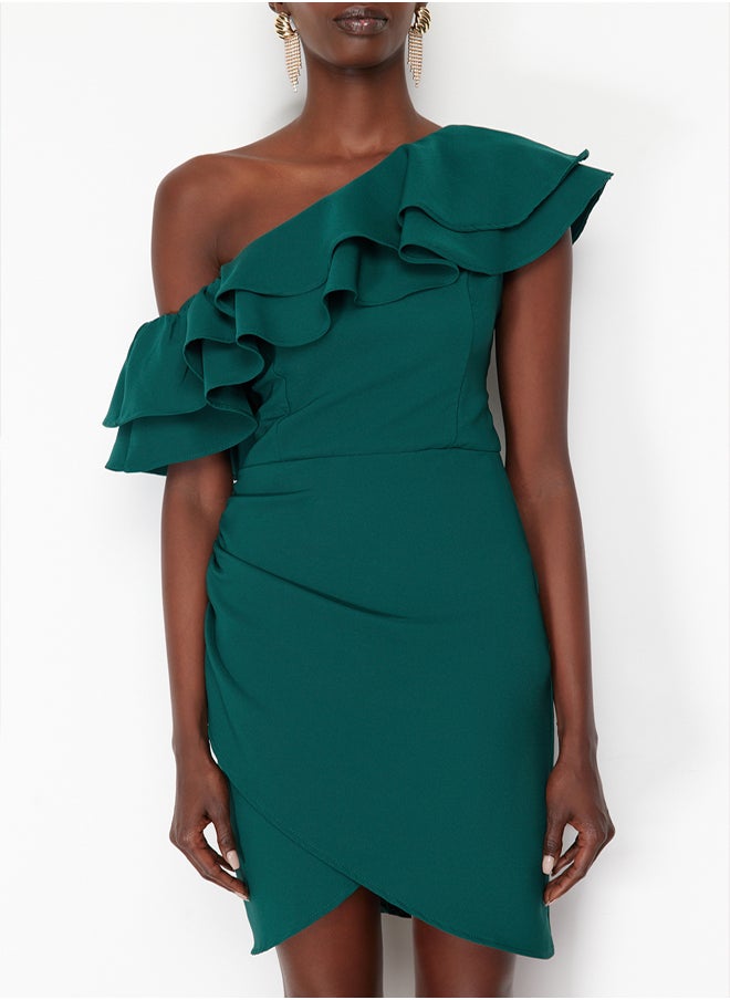 trendyol Emerald Green Single Sleeve Ruffled Woven Short Elegant Evening Dress TPRSS24EL00013  - Image 4