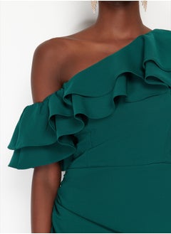 trendyol Emerald Green Single Sleeve Ruffled Woven Short Elegant Evening Dress TPRSS24EL00013  - Image 5