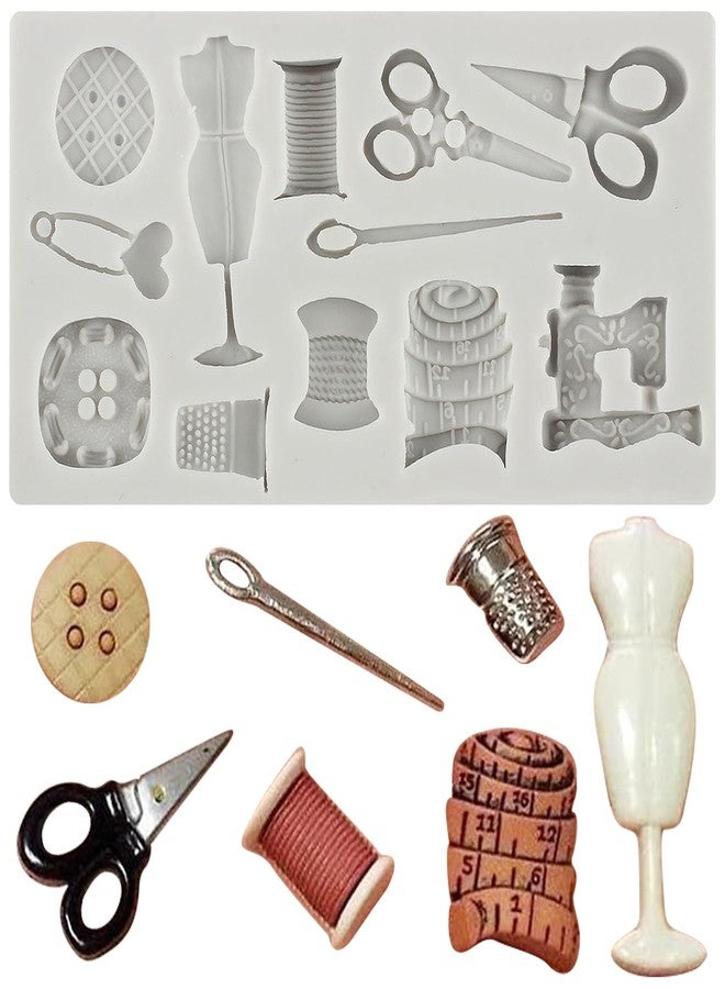 MINFEIDMS Sewing Tools Silicone Molds Scissors Button Sewing Designer Clothes Fondant Molds Sewing Machine Mold for Cake Decoration Cupcake Topper Candy Sugar Craft Polymer Clay Gum Paste - Image 1