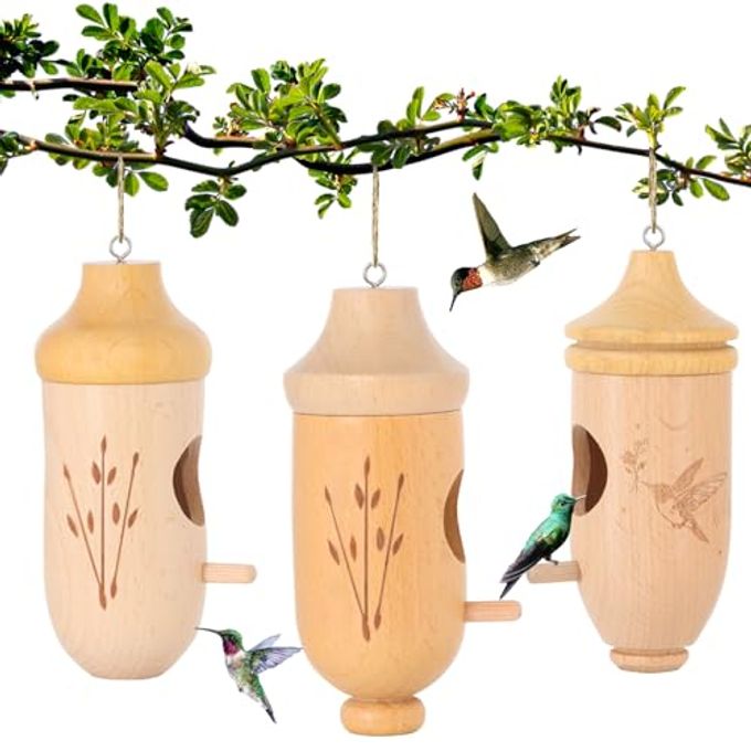 OROGHT Hummingbird House Natural Wooden Hummingbird Houses for Outside Hanging, Gardening Gifts for Women Christmas Tree Decoration 3 Packs - Image 1