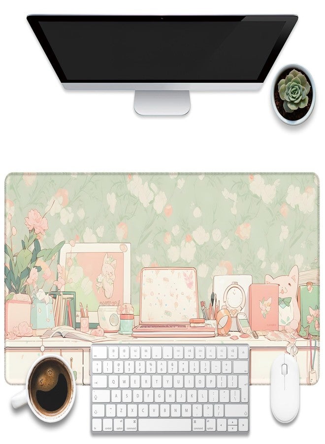 KOAIWPAE Desk Pad, Kawaii Anime Style Desk Mat, Green Cute Desktop Large Gaming Mouse Pad for Desk, 31.5"x15.7" Extended Big Computer Keyboard Mouse Pad with Non-Slip Base and Stitched Edge - Image 1