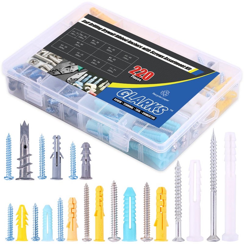 Glarks 220Pieces Plastic Self Drilling Drywall Ribbed Anchors HollowWall Anchor with Screws Assortment Kit for Drywall Hollowwall Hanging Wall Shelf or Blinds - Image 2