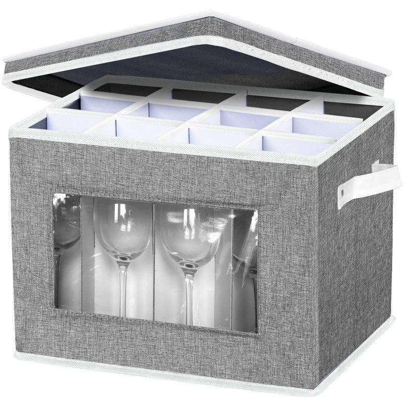 Homyfort homyfort Wine Glass Stemware Storage Cases China Storage Containers Box with Dividers Hard Shell for 12 Crystal GlasswareGobletsWine GlassesDrinkware Packing  Moving Grey 