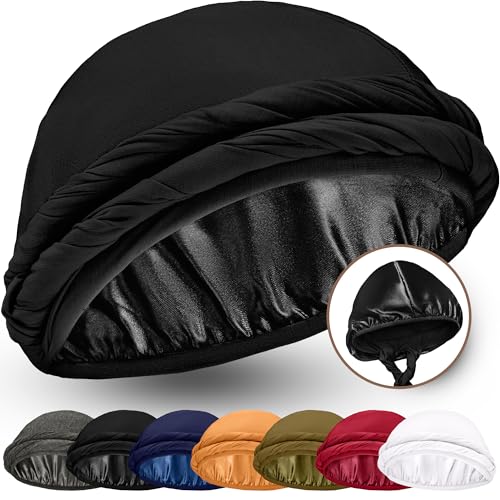CAPLORD Silk Satin Lined Halo Turban Head Wrap Pre-Tied Skull Cap for Men and Women Sleeping Bonnet Hair Cover Chemo Hair Loss Hat Wave Turbans for Man Black - Image 1