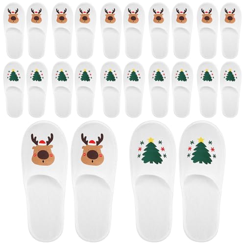 Twistover 12 Pairs Christmas Disposable Slippers for Guest Christmas Tree Elk Non Slip Soft Closed Toe Slippers for Spa Shower Travel Home Indoor House Men Women, 2 Styles - Image 1