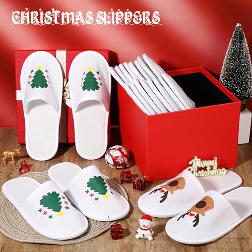 Twistover 12 Pairs Christmas Disposable Slippers for Guest Christmas Tree Elk Non Slip Soft Closed Toe Slippers for Spa Shower Travel Home Indoor House Men Women, 2 Styles - Image 2