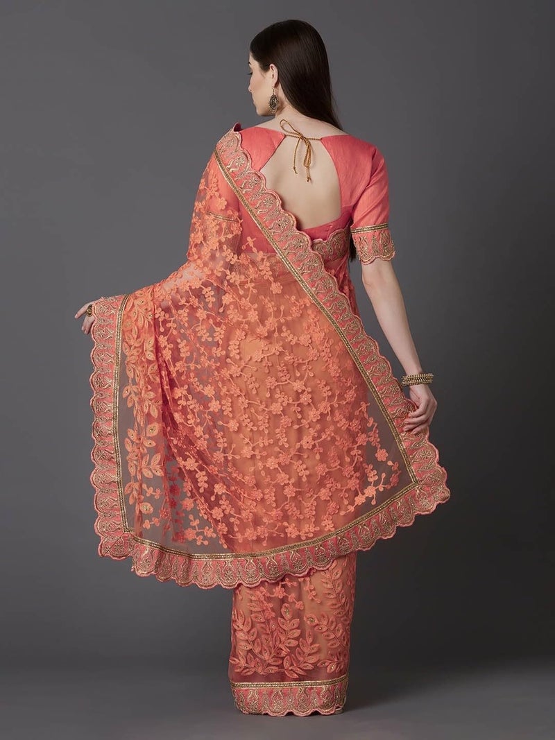 Jaffix Women’s Trendy Embroidery Work in Georgette Saree for Wedding and Special Occasions with Unstitched Blouse Piece, Natraj Pich - Image 2
