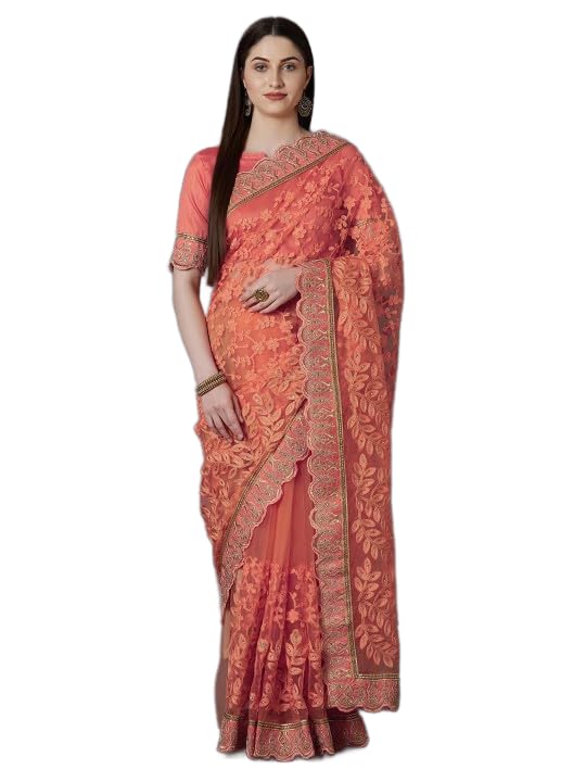 Jaffix Women’s Trendy Embroidery Work in Georgette Saree for Wedding and Special Occasions with Unstitched Blouse Piece, Natraj Pich - Image 1