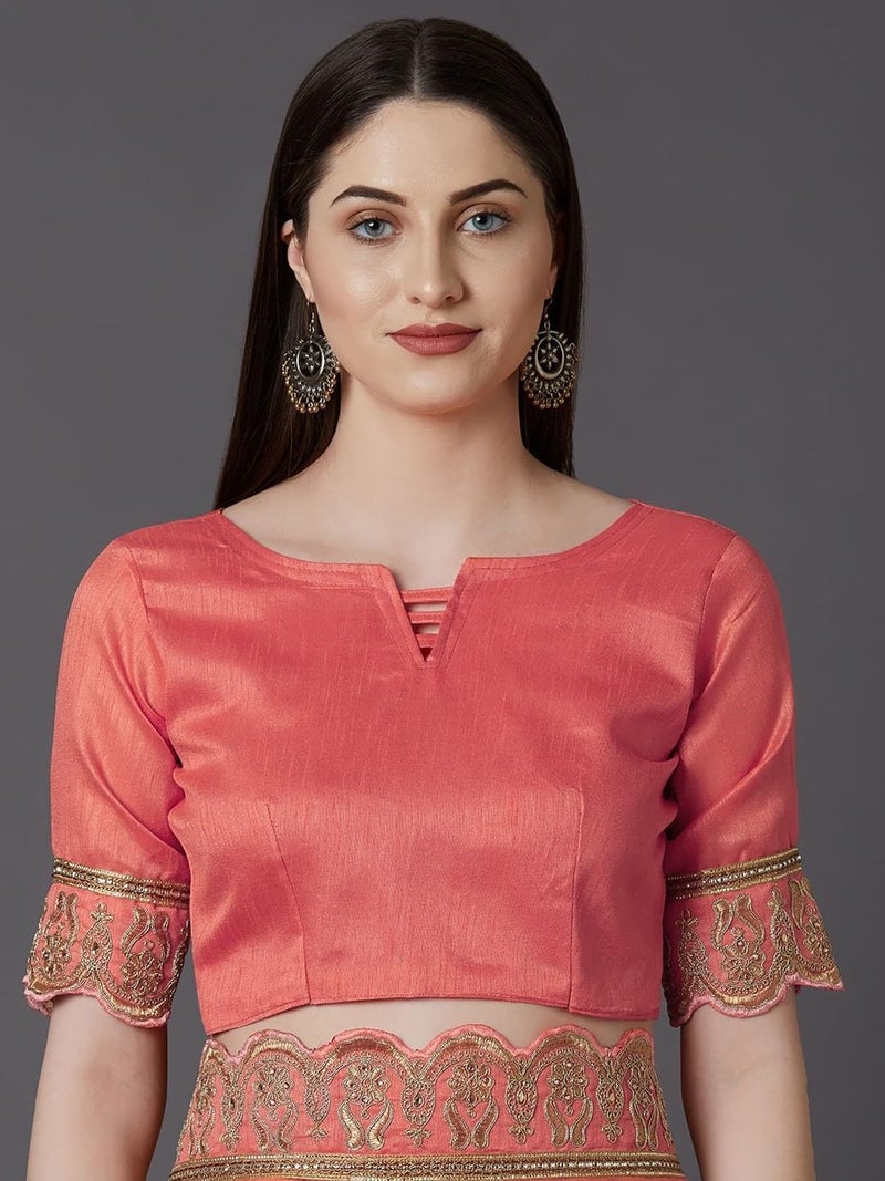 Jaffix Women’s Trendy Embroidery Work in Georgette Saree for Wedding and Special Occasions with Unstitched Blouse Piece, Natraj Pich - Image 3
