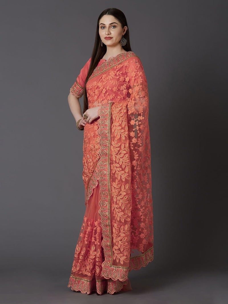 Jaffix Women’s Trendy Embroidery Work in Georgette Saree for Wedding and Special Occasions with Unstitched Blouse Piece, Natraj Pich - Image 4