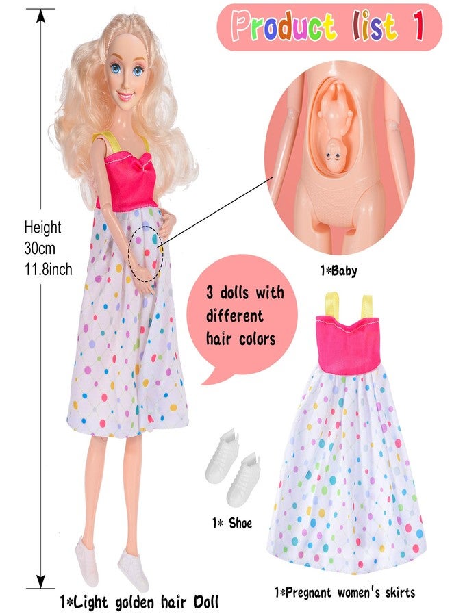 dollbie 3-Pack 11.5 inch Pregnant Dolls - Fashion Dolls with Interchangeable Pregnant and Normal Bellies - Includes 3 Dolls, 3 Dresses, 3 Babies - Image 2