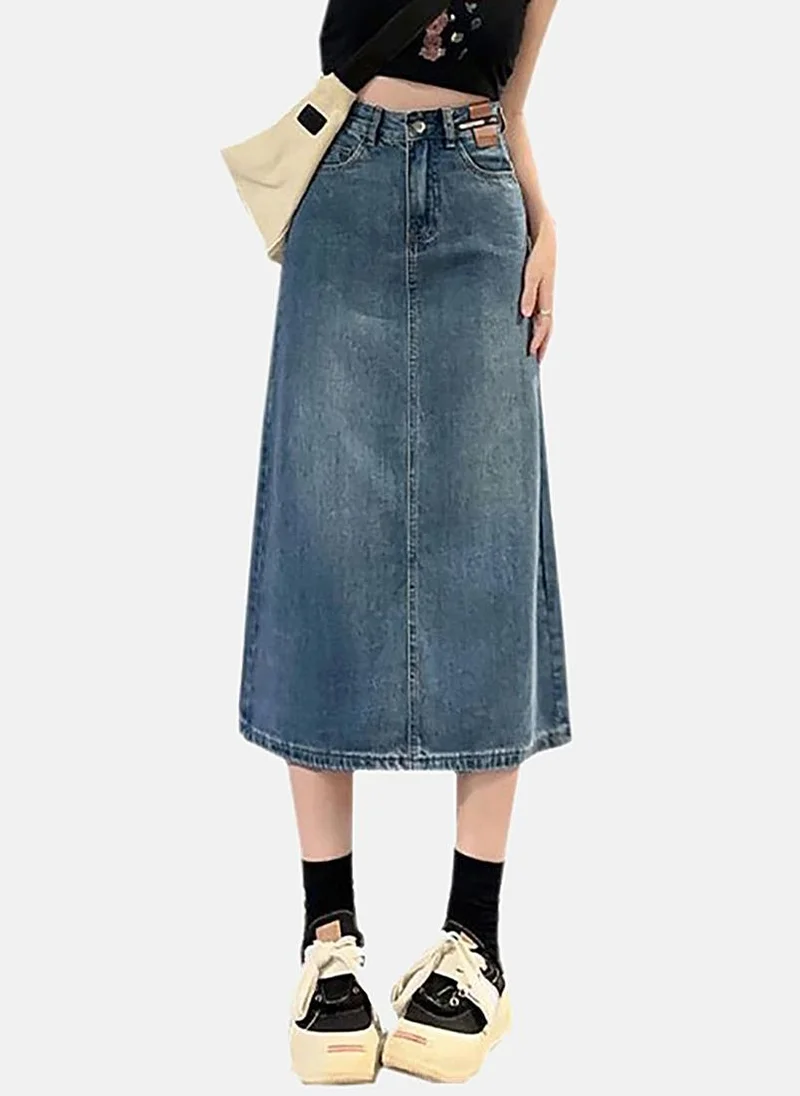 يونيكي Blue A-Line Solid Midi Skirt