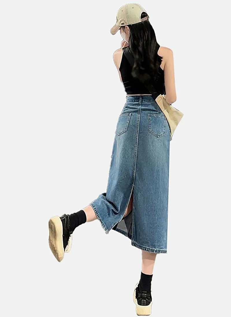 يونيكي Blue A-Line Solid Midi Skirt