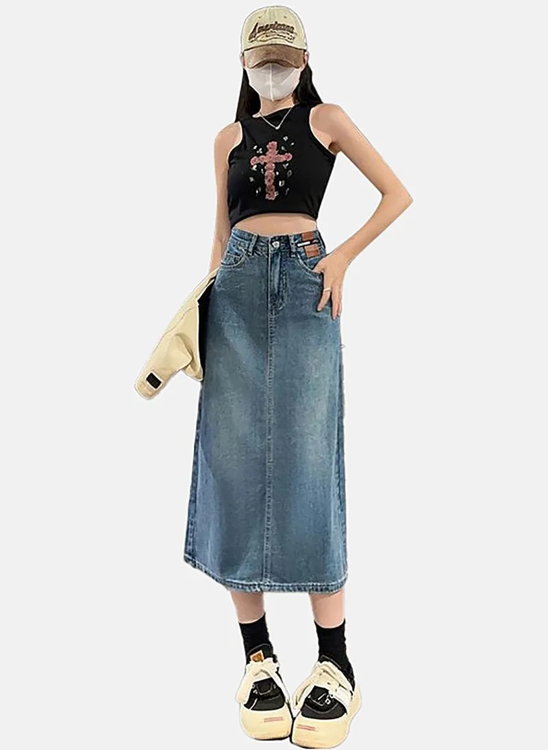 يونيكي Blue A-Line Solid Midi Skirt