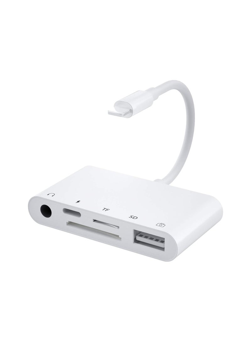SD Card Reader for iPhone, Apple Camera Adapter，Lightning to 5 in 1 USB OTG Camera Connection kit with Camera Memory Reader and 3.5mm Headphone Jack, SD  TF Dual Card Slot, Support iPhone iOS 9.2-16+  - Image 1