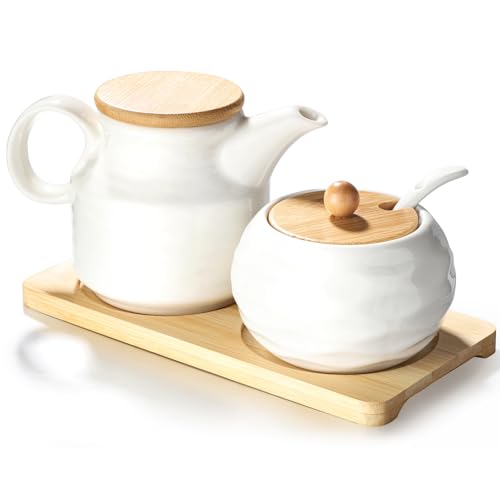 Sailench Ceramic Sugar and Creamer Set12oz Cream Pitcher and 75oz Sugar Bowl with LidCoffee Serving Set for Cream and Sugar Spices Condiments 2 Large - Image 1
