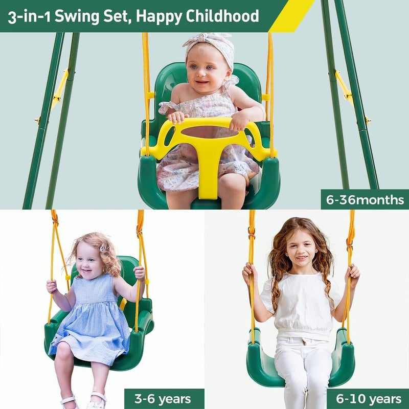 FUNLIO Toddler Swing with Foldable Metal Stand for Toddlers Aged 1~10 Years, 3-in-1 Baby Swing Set with 4 Sandbags for Backyard/Indoor/Outdoor Play, Easy to Assemble & Store, Green - Image 3