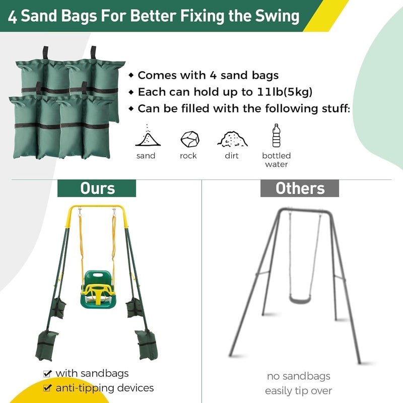FUNLIO Toddler Swing with Foldable Metal Stand for Toddlers Aged 1~10 Years, 3-in-1 Baby Swing Set with 4 Sandbags for Backyard/Indoor/Outdoor Play, Easy to Assemble & Store, Green - Image 4