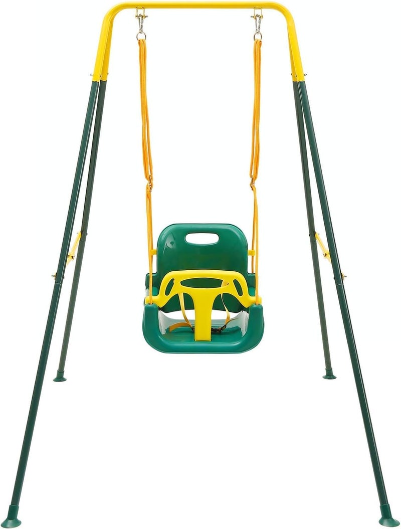 FUNLIO Toddler Swing with Foldable Metal Stand for Toddlers Aged 1~10 Years, 3-in-1 Baby Swing Set with 4 Sandbags for Backyard/Indoor/Outdoor Play, Easy to Assemble & Store, Green - Image 1