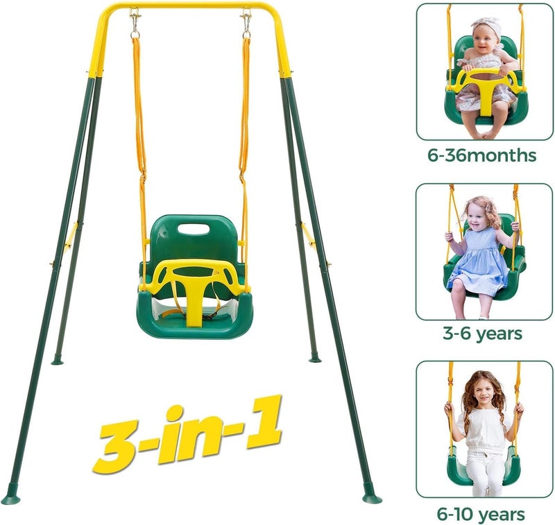 FUNLIO Toddler Swing with Foldable Metal Stand for Toddlers Aged 1~10 Years, 3-in-1 Baby Swing Set with 4 Sandbags for Backyard/Indoor/Outdoor Play, Easy to Assemble & Store, Green - Image 2