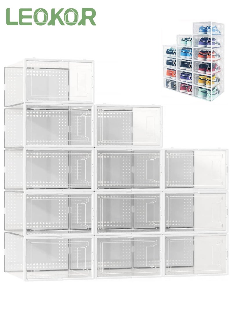 LEOKOR 12 Pack Shoe Storage Box, Shoe Organizer Storage Bins with Lids, Clear Plastic Stackable Sneaker Containers Bins, Space Saving for Entryway 33.5 * 23 * 14CM  - Image 1