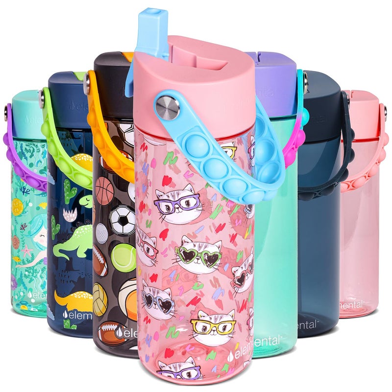 Elemental Water Bottles for Kids Splash Kids Water Bottle for School with Popit Handle BPA Free Tritan Plastic Water Bottle with Straw Leak Proof when Spout is Closed Stylish Cat 18oz