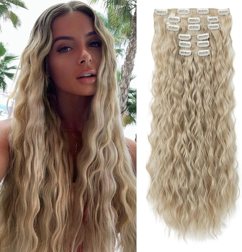 FLUFYMOOZ Clip In Hair Extensions6PCS Hair Extensions Long Mermaid Waves Wavy Synthetic Clip On Hairpiece For Women 24 Inch Natural Ash Blonde
