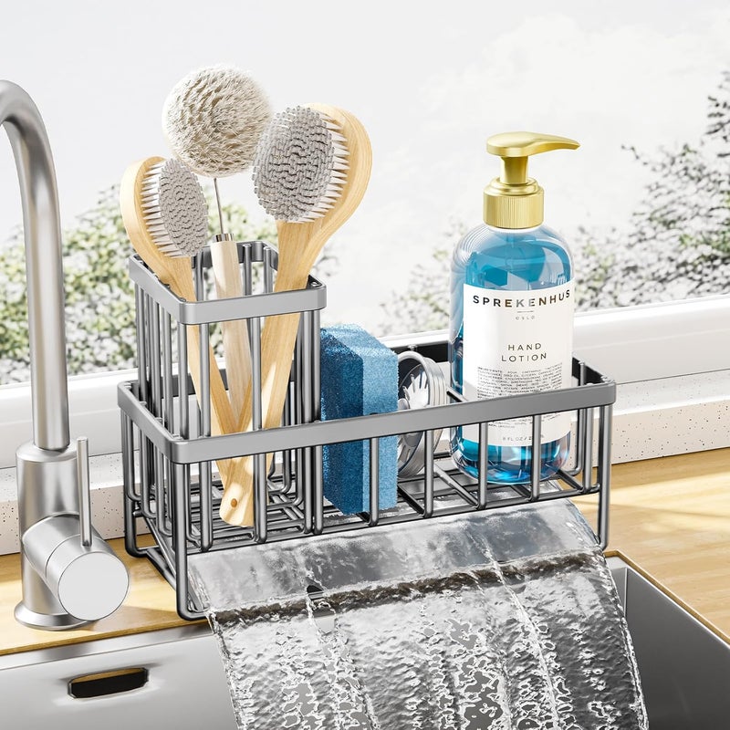 Sponge Holder for Kitchen Sink - Stainless Steel Sink Caddy, Sink Organizer with Brush Holder, Multi-Functional Sponge Holder for Kitchen, 7.9" x 3.7" x 6.2", Silver