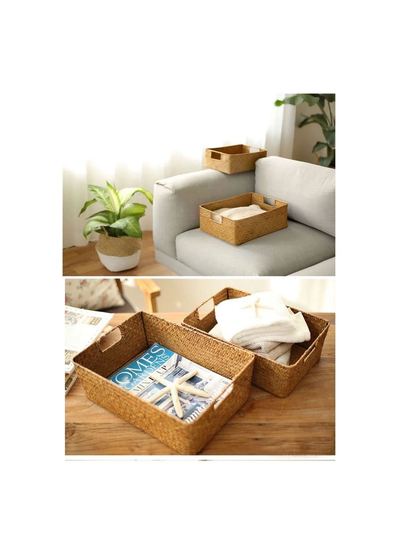 Generic - 2 Sets Woven Basket Toiletries Storage Basket Woven Shelf Storage Bin Rectangular Decorative Baskets for for Makeup Clothes Sundries Toys Home Organization - Image 1