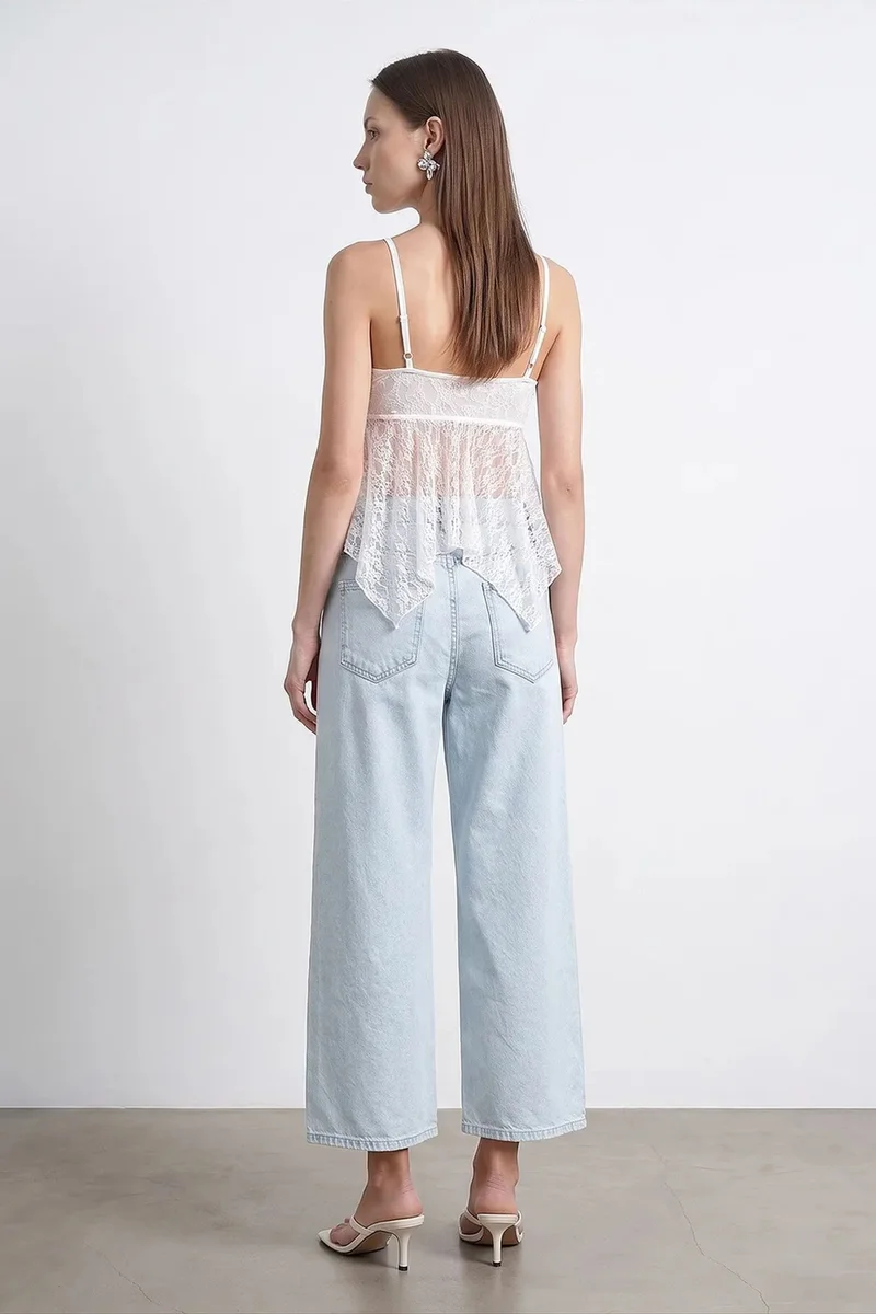 DILVIN Women's High-Waist Wide-Leg Capri Jeans With Lace Detail
