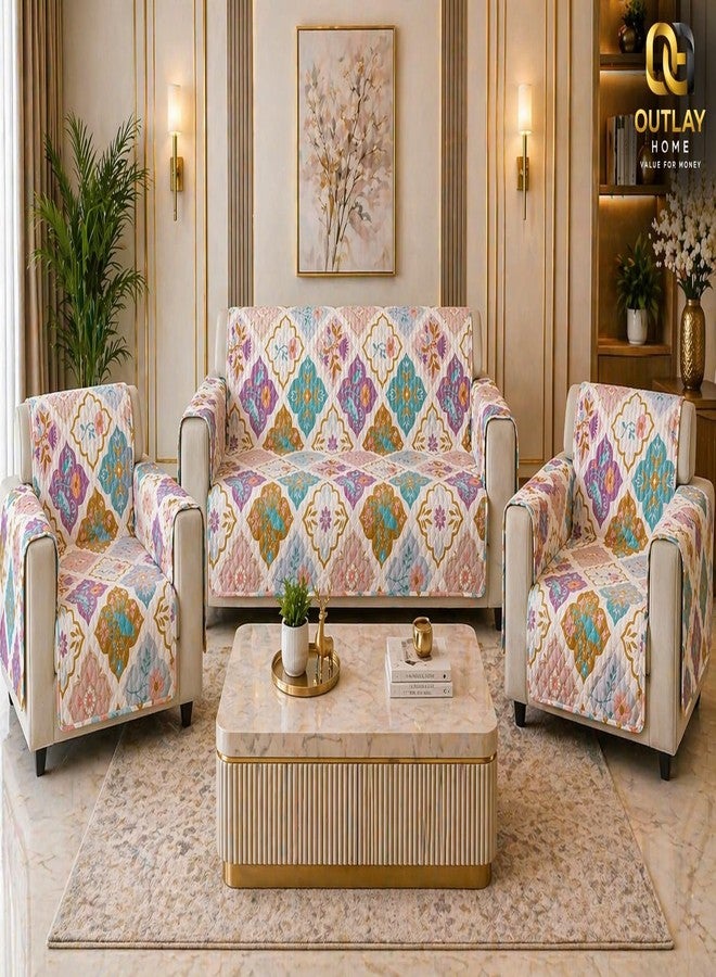 Outlay Home Printed Quilted Sofa Mat for 5 Seater (3+1+1) - Floral Design Slipcover with Armrest, Pockets on Both Sides, Fully Covered Sofa Protector - Multicolor - Image 2