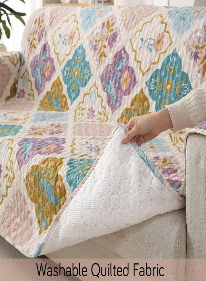 Outlay Home Printed Quilted Sofa Mat for 5 Seater (3+1+1) - Floral Design Slipcover with Armrest, Pockets on Both Sides, Fully Covered Sofa Protector - Multicolor - Image 4
