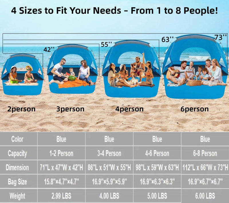 Etto Beach Tent, Portable Sun Shelter for 2/3/4/6-8 Person with UPF 50+ UV Protection, Easy Setup Waterproof Beach Shade Canopy Cabana for Family Outdoor and Picnics, Fishing with Carrying Bag - Image 4