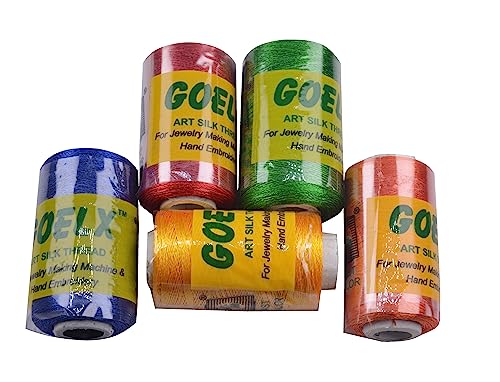 GOELX Silk Thread Spools for Wrapping Shiny Bright 5 Colours - Red,Blue,Green,Orange and Yellow - Image 1