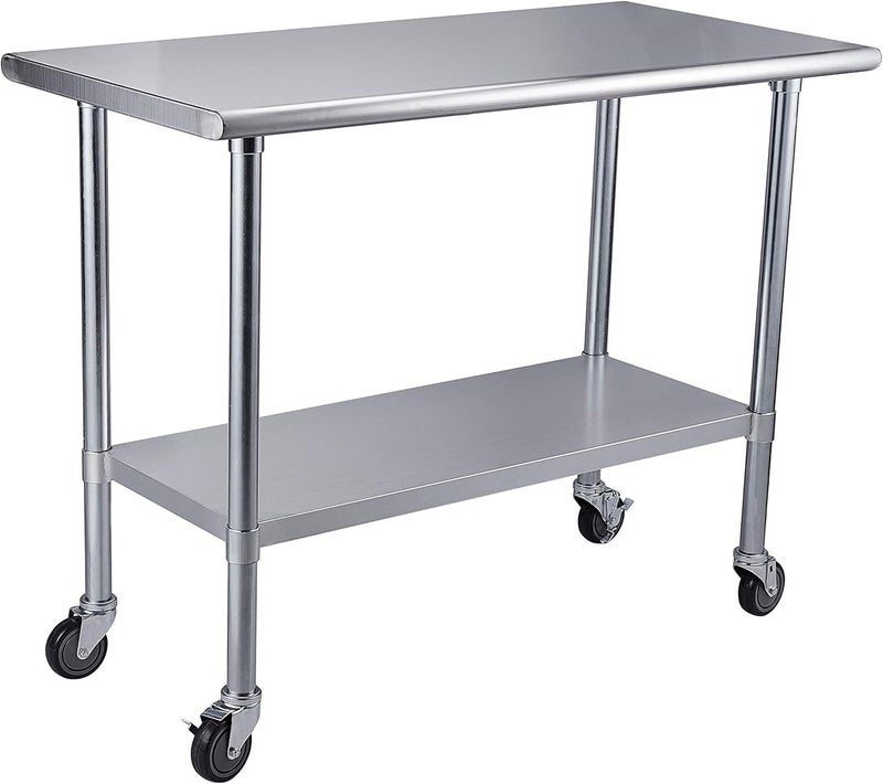 ROCKPOINT Stainless Steel Table for Prep  Work with Caster Wheels 24x48 Inches NSF Metal Commercial Kitchen Heavy Duty Table with Adjustable Under Shelf and Table Foot for Restaurant Home and Hotel