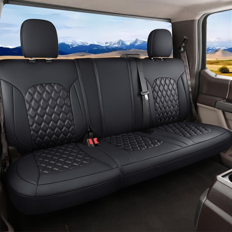 Huidasource F150 Rear Bench Car Seat Covers, Leather Back Row Seat Cushion Cover Fit for 2015-2025 Ford F150 SuperCrew & 2017-2025 F250 F350 F450 Super Duty Crew Cab XL XLT Lariat(Back Row/Black) - Image 1