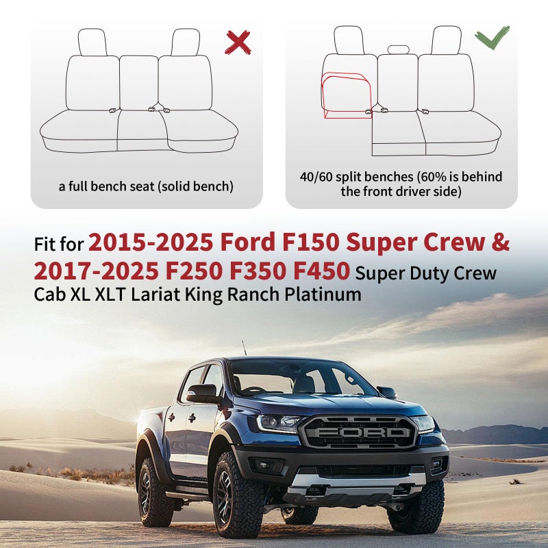 Huidasource F150 Rear Bench Car Seat Covers, Leather Back Row Seat Cushion Cover Fit for 2015-2025 Ford F150 SuperCrew & 2017-2025 F250 F350 F450 Super Duty Crew Cab XL XLT Lariat(Back Row/Black) - Image 5