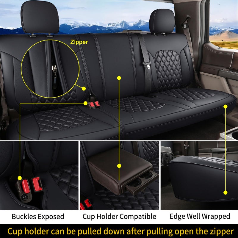 Huidasource F150 Rear Bench Car Seat Covers, Leather Back Row Seat Cushion Cover Fit for 2015-2025 Ford F150 SuperCrew & 2017-2025 F250 F350 F450 Super Duty Crew Cab XL XLT Lariat(Back Row/Black) - Image 2